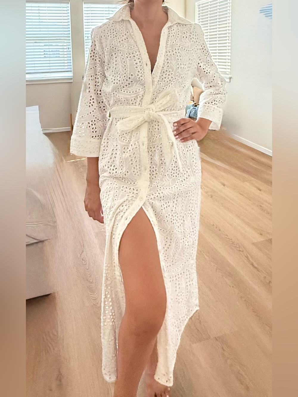 Zara EMBROIDERED EYELET BELTED MIDI SHIRT DRESS